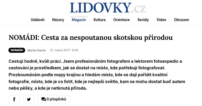 Lidovky.cz otiskly mé skotské fotografie z Fotoexpedice Skotsko 2017